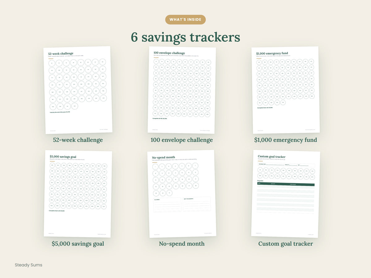 Savings Challenge Printables: 52-Week, 100 Envelope & No-Spend